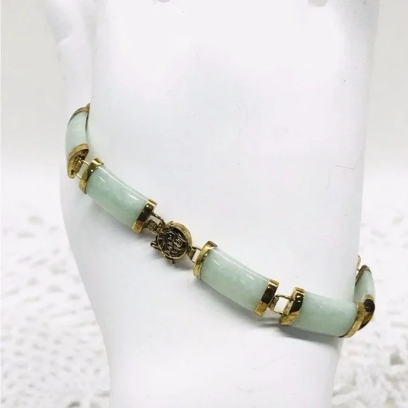 10K Yellow Gold Natural Green Jade Panel Link Bracelet 7” 11.5g Estate 16mm - Picture 2 of 12